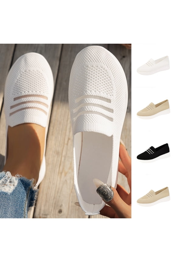 Knit Mesh Loafers for Women Wedge Plus Size Breathable Slip on Thick Soled Round Toe Casual Shoes White 9.5(43)