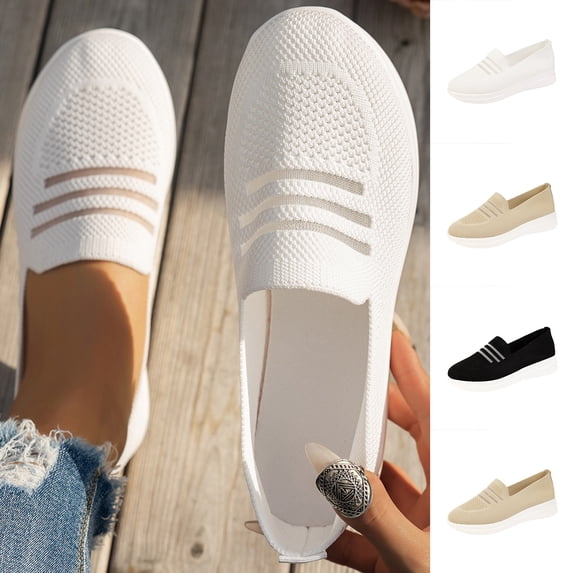 Miluxas Knit Mesh Loafers for Women Wedge Plus Size Breathable Slip on Thick Soled Round Toe Casual Shoes White 9.5(43)