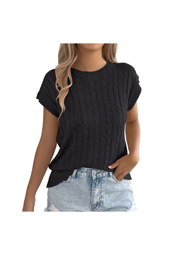 Knitted Sweater Vest for Women Casual Cap Sleeve Knit Pullover Tank Tops Round Neck Cami Tank Tops for Spring Fall Black