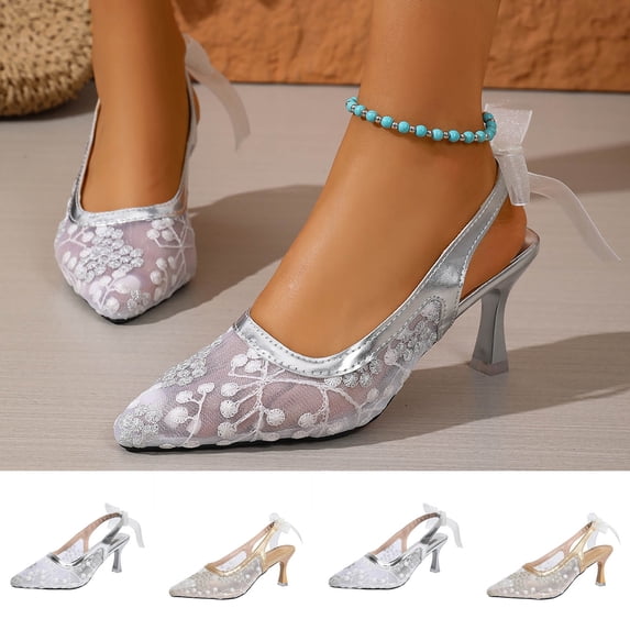 Miluxas Lace Mesh Slingback Heels for Women Embroidered Kitten Heels Bridal Shoes Pointed Toe Wedding Pumps Silver 9.5(43)