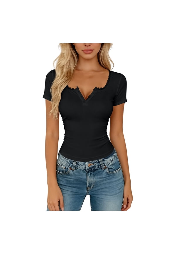 Lace Trim Short Sleeve Tee Shirts for Women Trendy Button V Neck Slim Fitted Ruched Tops Solid Basic Going Out T Shirts Black