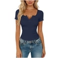 thumbnail image 1 of Miluxas Lace Trim Short Sleeve Tee Shirts for Women Trendy Button V Neck Slim Fitted Ruched Tops Solid Basic Going Out T Shirts Navy, 1 of 5