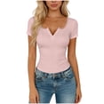 thumbnail image 1 of Miluxas Lace Trim Short Sleeve Tee Shirts for Women Trendy Button V Neck Slim Fitted Ruched Tops Solid Basic Going Out T Shirts Pink, 1 of 5