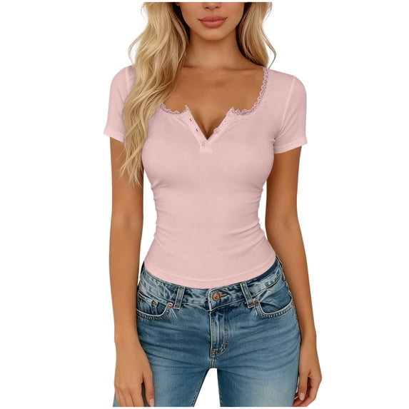 Miluxas Lace Trim Short Sleeve Tee Shirts for Women Trendy Button V Neck Slim Fitted Ruched Tops Solid Basic Going Out T Shirts Pink