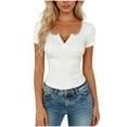 thumbnail image 1 of Miluxas Lace Trim Short Sleeve Tee Shirts for Women Trendy Button V Neck Slim Fitted Ruched Tops Solid Basic Going Out T Shirts White, 1 of 5