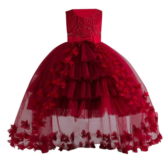 Miluxas Lace Tulle Flower Girl Dresses Tiered First Communion Dress for Kids Princess Birthday Party Gowns Red 2 Years