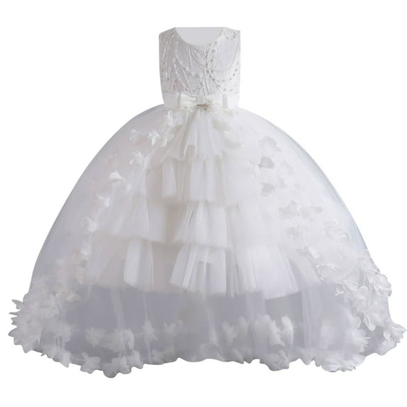 Miluxas Lace Tulle Flower Girl Dresses Tiered First Communion Dress for Kids Princess Birthday Party Gowns White 7 Years