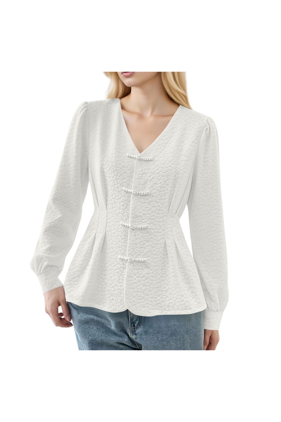 Ladies Elegant Long Sleeve Textured Blouse – V-Neck Puff Sleeve Traditional Chinese Knot Buttons Peplum Waist Shirt White