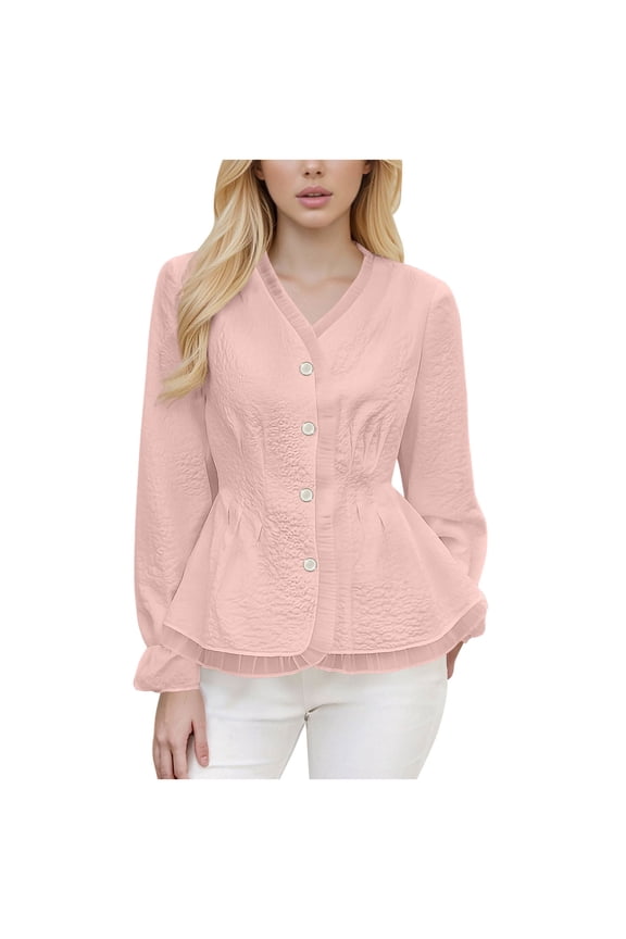 Ladies' Elegant Long Sleeve Textured Peplum Top – V-Neck Button Down Ruffle Hem Blouse for office & Daily Wear Pink
