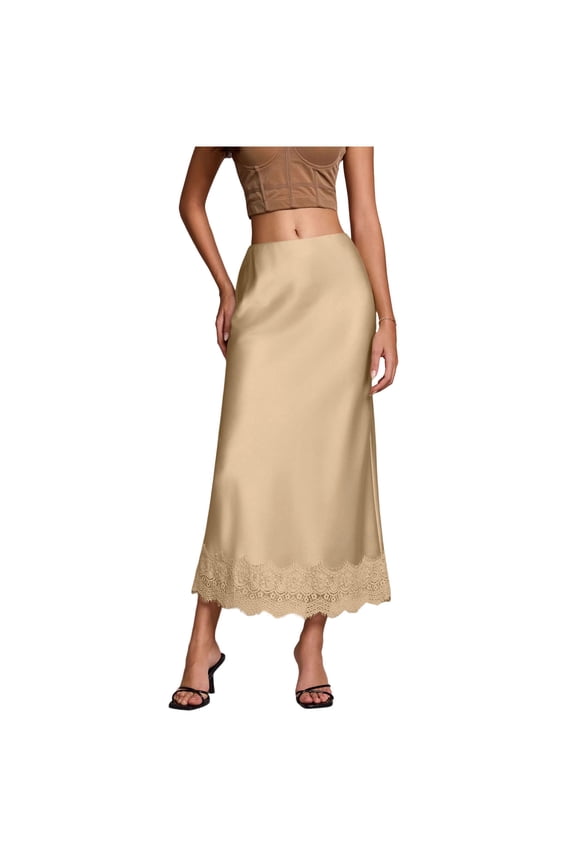 Ladies' Elegant Satin Lace Trim Maxi Skirt Silky Solid High Waist Maxi Skirt for Business Casual Gold