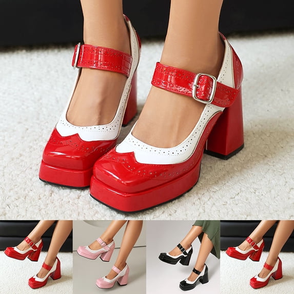Miluxas Ladies Fashion Color Blocked High Heels Shoes Waterproof Thick Sole Thick Heel Plus Size Square Toe Shoes Red 9.5(43)