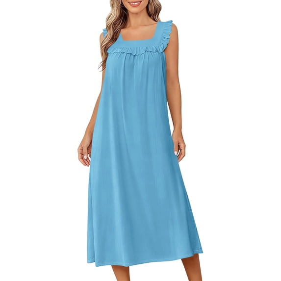 Miluxas Ladies Solid Sleeveless Sleep Dress Square Neck Ruffle Detail Loose Fit Maxi Dress Soft Comfy Nightgown for Relaxing and Home Lounging Blue