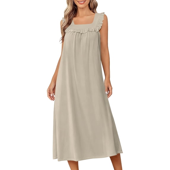 Miluxas Ladies Solid Sleeveless Sleep Dress Square Neck Ruffle Detail Loose Fit Maxi Dress Soft Comfy Nightgown for Relaxing and Home Lounging Khaki