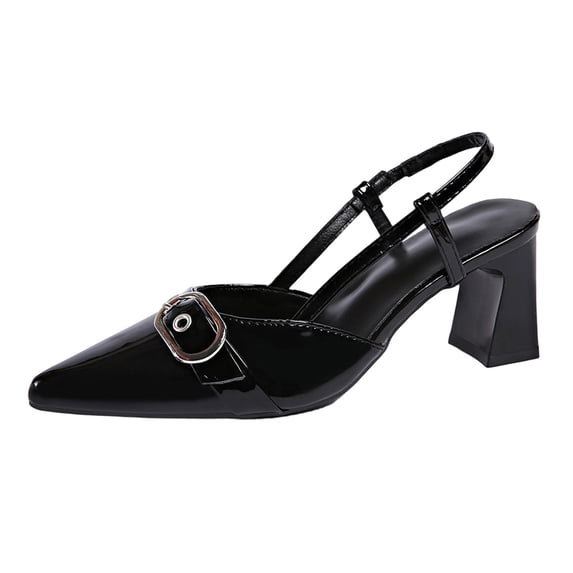 Miluxas Leather Adjustable Buckle Slingback Heels for Ladies, Pointed Toe Square Block Heel Back Strap Mules, Chic Footwear Black 9.5(43)