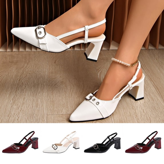 Miluxas Leather Adjustable Buckle Slingback Heels for Ladies, Pointed Toe Square Block Heel Back Strap Mules, Chic Footwear White 9.5(43)