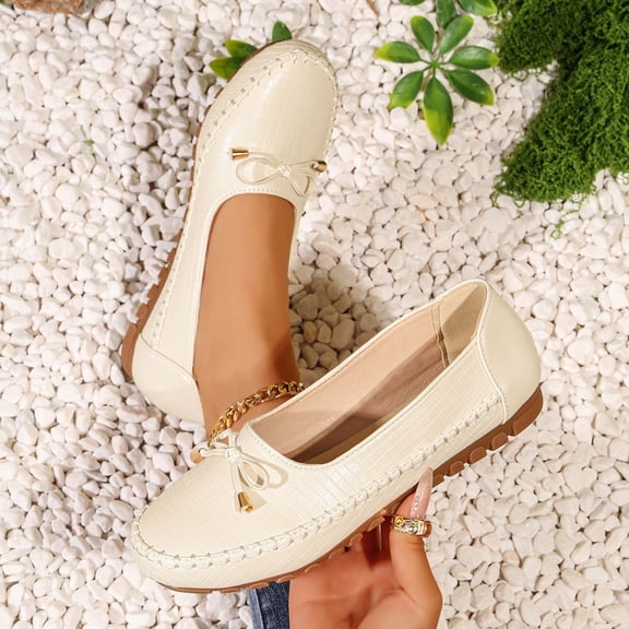Miluxas Leather Flat Shoes, Lightweight Anti-Slip Breathable for Women Dressy Slip-On Bow-Knot Flats Loafers White 7(39)