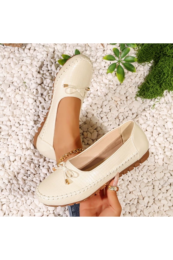 Leather Flat Shoes, Lightweight Anti-Slip Breathable for Women Dressy Slip-On Bow-Knot Flats Loafers White 7(39)