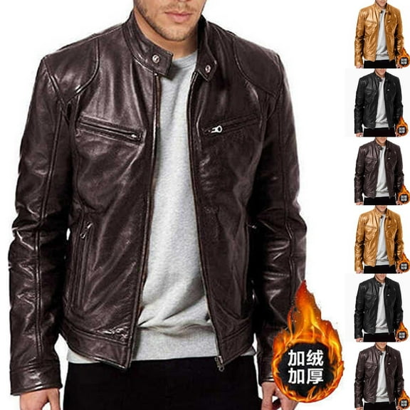 Miluxas Leather Jacket Men Lightweight Motorcycle Jackets Men's Stand Collar Bomber Coat with Pockets and Zip Khaki