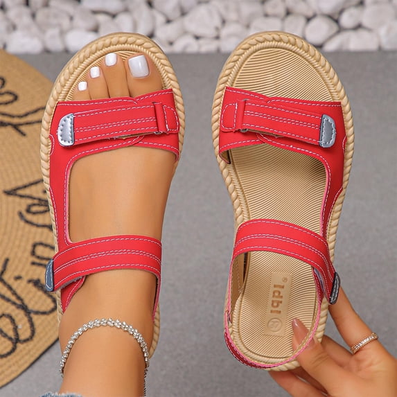 Miluxas Leather Platform Sandals Women Solid Color Round Toe Sandals Women Personalized Stylish Footwear Red 6.5(38)