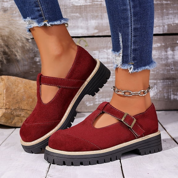 Miluxas Leather Shoes for Women Oxford Shoes Leather Round Toe Flats Non-Slip Ankle Buckle Strap Comfort Casual Dressy Shoes Party School Work Shoes Red 9.5(43)