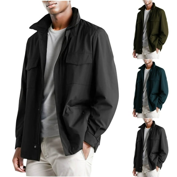 Miluxas Light Jackets for Men, Fall Solid Zipper Jackets Classic Long Sleeve Lapel Hoodless Casual Loose Outwear with Pockets Navy