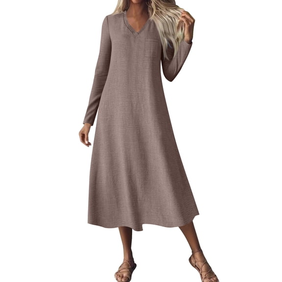 Miluxas Linen Dresses for Women Long Sleeve Elegant Flowy Plus Size Long Sleeve Dress Loose Maxi Sundress Khaki S(S)