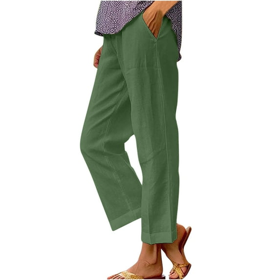 Miluxas Linen Pants for Women Casual Loose Elastic High Waisted Straight Leg Cotton Lounge Pants Trousers with Pockets Army Green 4(S)