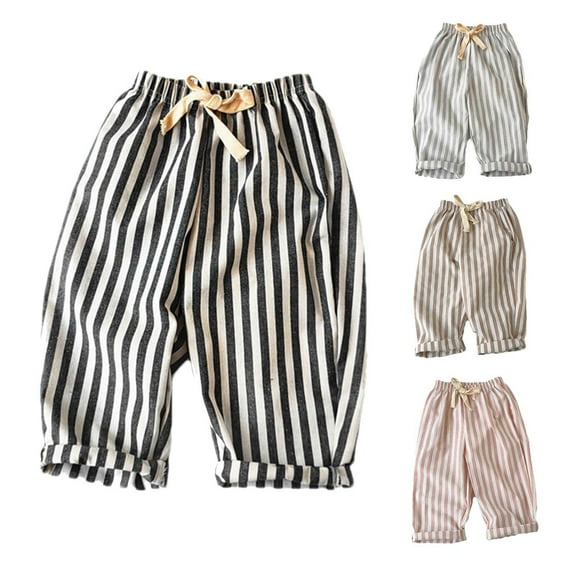 Miluxas Little Kids Cotton Linen Bloomer Jogger Pants Toddler Boy Girl Striped Elastic Waistband Basic Harem Trousers