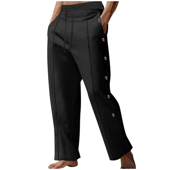 Miluxas Long Pants for Men Drawstring Side Buttons Straight Breathe Trousers Wide Leg Casual Beach Pant Working Outdoor Wear Black