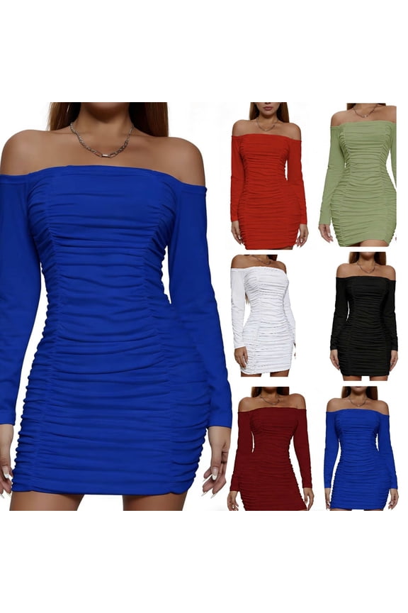 Long Sleeve Bodycon Dress for Women - Club Night Out Dress, Homecoming Party Cocktail Dress off Shoulder White XS(XS)