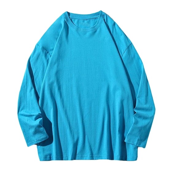 Miluxas Long Sleeve Shirts for Men Casual Round Neck Solid Color Loose T-Shirt Lightweight Pullover Tops Fall Clothes Sky Blue