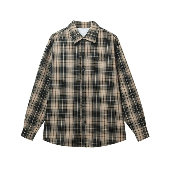 Miluxas Long Sleeve Shirts for Men Cotton Plaid Button Down Shirt Business Casual Work Top with Pocket Khaki