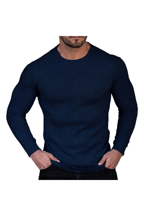 Long Sleeve Shirts for Men Cotton Soft Crew-Neck Moisture Wicking Mens Undershirt Comfort Solid Basic T Shirt Navy