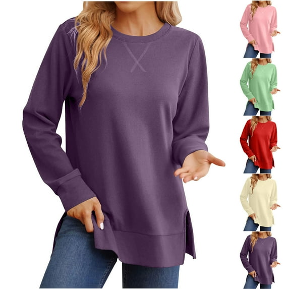 Miluxas Long Sleeve Shirts for Women Fall Solid Color Fashion Casual T Shirt Round Neck Basic Loose Tops Yellow XL(XL)