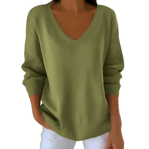 Miluxas Long Sleeve Shirts for Women Tops Solid Color V Neck Casual Top Comfortable Shirt Soft Loose Tees Women Blouses Green M(M)