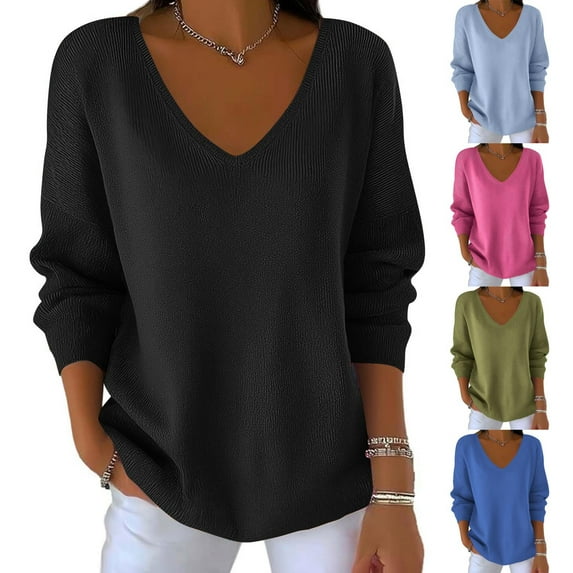 Miluxas Long Sleeve Shirts for Women Tops Solid Color V Neck Casual Top Comfortable Shirt Soft Loose Tees Women Blouses Light Blue XL(XL)