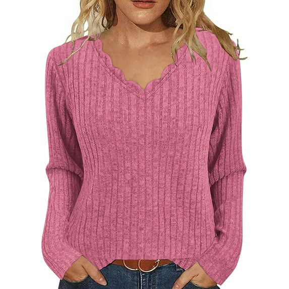 Miluxas Long Sleeve T Shirts for Women Lace V Neck Casual Cute Tops Loose Fit Fall Winter Basic Clothing Hot Pink XXL(XXL)