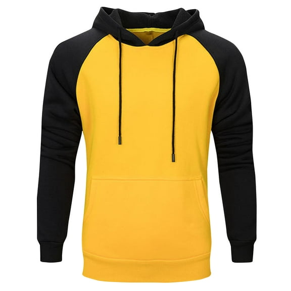 Miluxas Long Sleeve Tops for Men Men Hoodies Color Block Patchwork Blend Fleece Pullover Kanga Pocket Sweatshirts Yellow 10(XL)