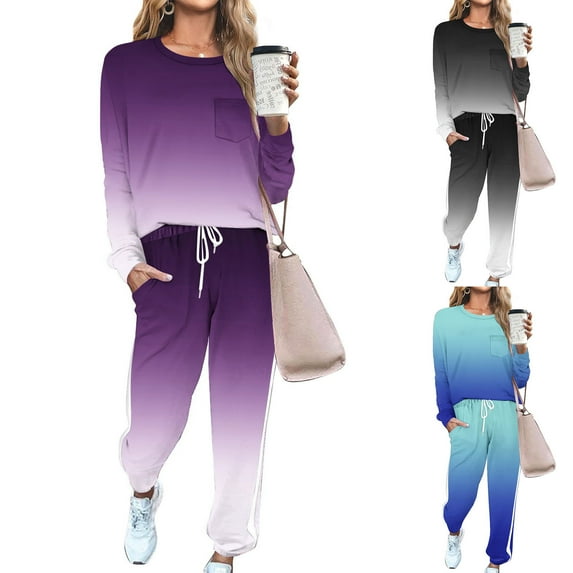 Miluxas Lounge Sets for Women Long Sleeve Round Neck Tops Drawstring Jogger Pants with Pockets Plus Size Casual Outfits Purple XL