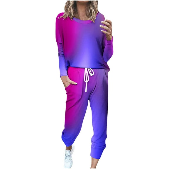 Miluxas Lounge Sets for Womens 2 Piece Outfits Fashion Printed Crewneck Long Sleeve Tops Wide Leg Pants Casual Travel Sweatsuit Blue XXL(XXL)