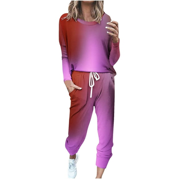 Miluxas Lounge Sets for Womens 2 Piece Outfits Fashion Printed Crewneck Long Sleeve Tops Wide Leg Pants Casual Travel Sweatsuit Pink XXL(XXL)