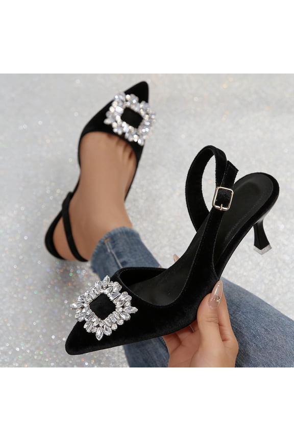 Low Heel Pumps for Women Comfort Kitten Heels Rhinestone Brooch Evening Dress Shoes Black 6.5(38)