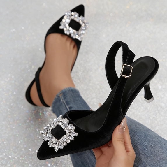 Miluxas Low Heel Pumps for Women Comfort Kitten Heels Rhinestone Brooch Evening Dress Shoes Black 9(42)