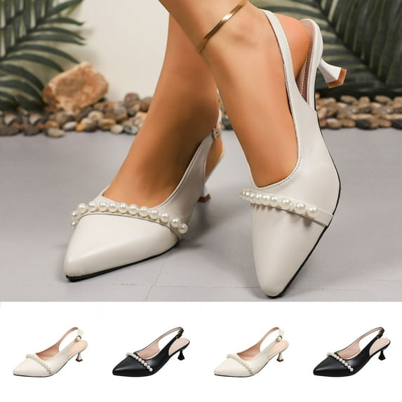 Miluxas Low Heels for Women Kitten Heels Pumps Pearl Strappy Closed Pointed Toe Slip-on Wedding Bridal Brides Dress Shoes White 9(43)