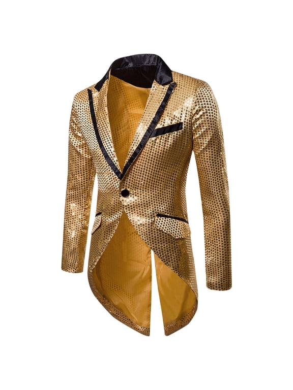 MAGE MALE Mens Sequin Tuxedo Jacket Tails Slim Fit Tailcoat Dress Coat Swallowtail Dinner Party Wedding Blazer Suit Jacket Gold