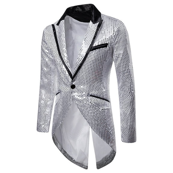 Miluxas MAGE MALE Mens Sequin Tuxedo Jacket Tails Slim Fit Tailcoat Dress Coat Swallowtail Dinner Party Wedding Blazer Suit Jacket Silver