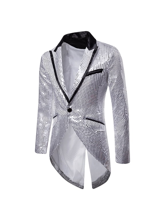 MAGE MALE Mens Sequin Tuxedo Jacket Tails Slim Fit Tailcoat Dress Coat Swallowtail Dinner Party Wedding Blazer Suit Jacket Silver