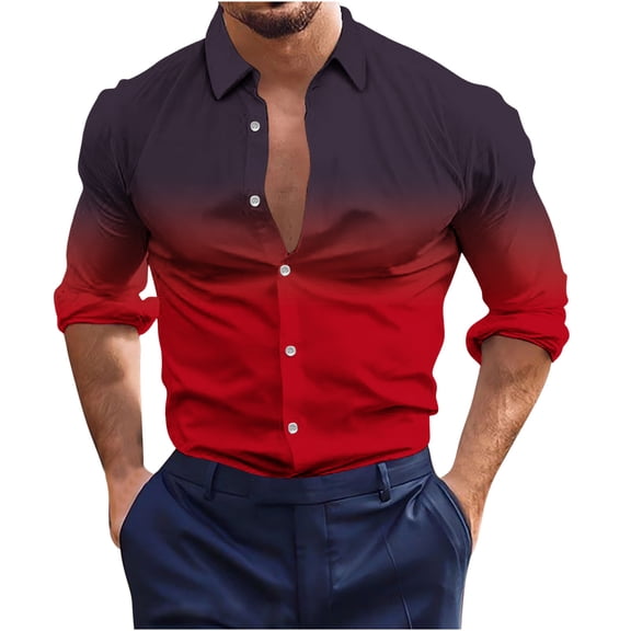 Miluxas Man Gradient Color Hawaiian Shirt Buttons Up Summer Beach Dress Shirts Casual Men Clothes Vacation Shirt Tops Red