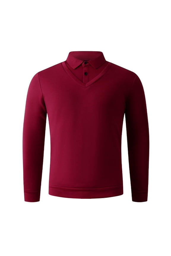 Man Solid-Color Casual Elastic Sports Button Long Sleeve Turndown Collar Blouse Wine