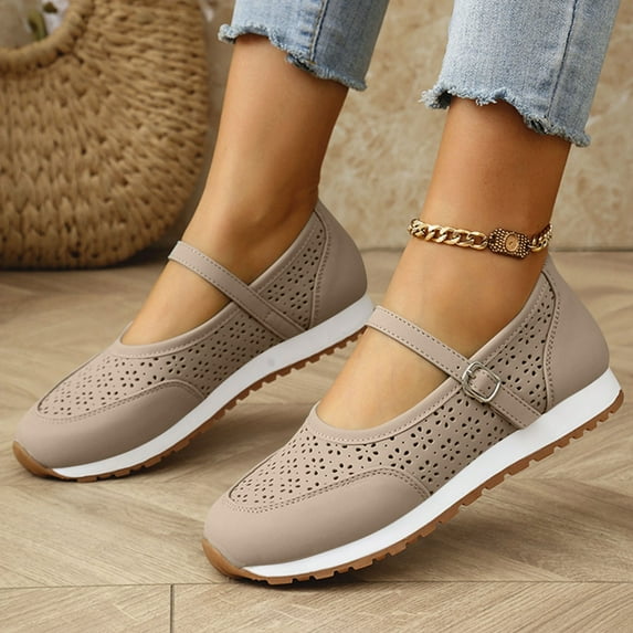 Miluxas Mary Jane Flats Shoes Women's,Breathable Slip-On Light Weight Comfort Orthotic Casual Walking Shoes Khaki 7.5(40)